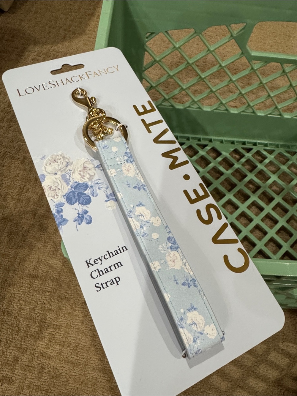 LoveShackFancy Light Blue Floral Keychain Strap with Gold Hardware